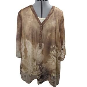 Catherines Womens 1X Sheer Paisley Tunic Blouse Brown Cream EUC Casual Fashion